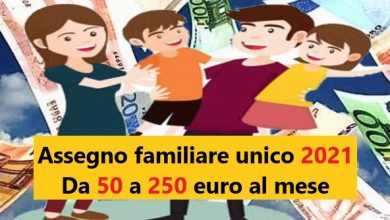 Assegno familiare unico 2021: Da 50 a 250 euro al mese